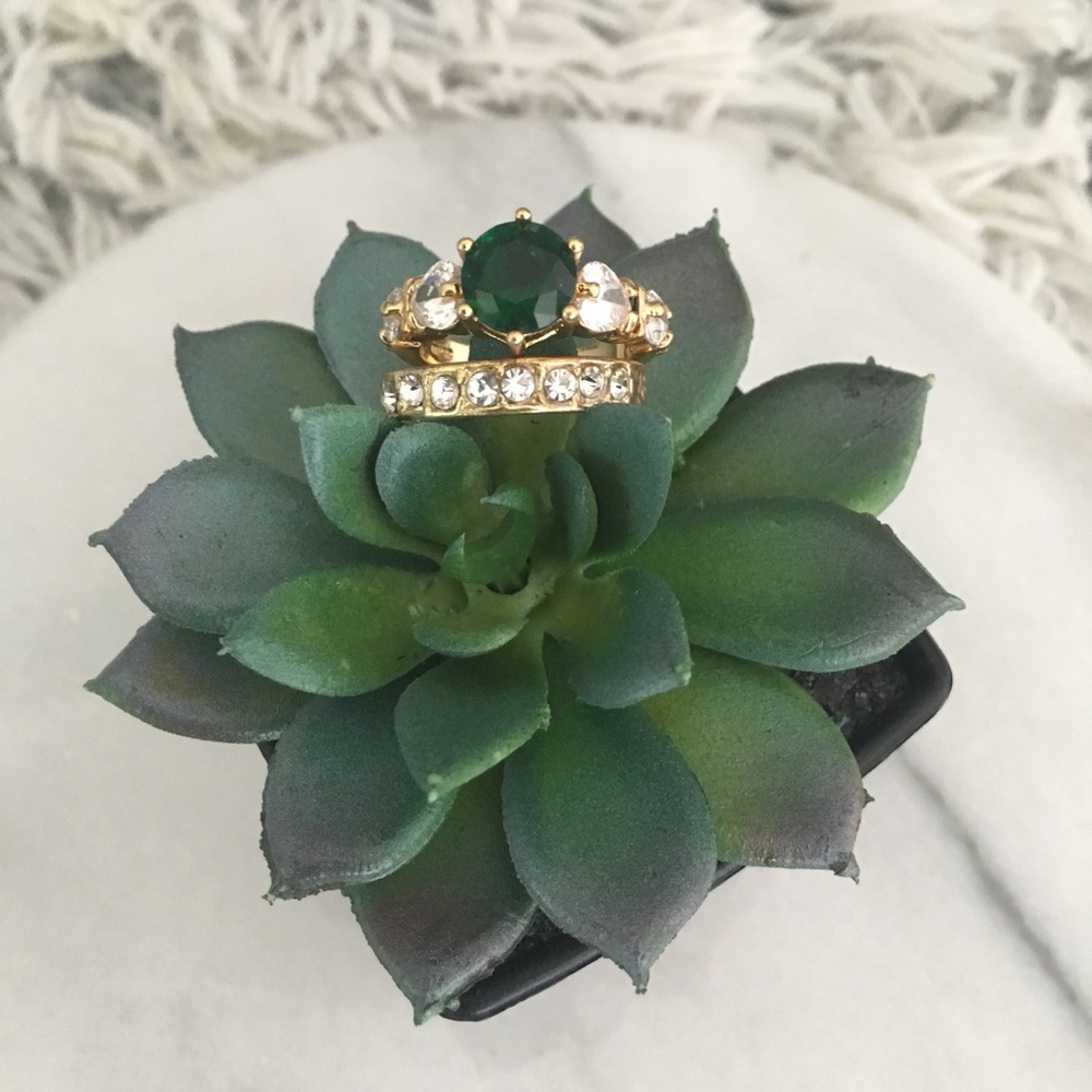 Stamped gold band with faux emerald stone/diamonds